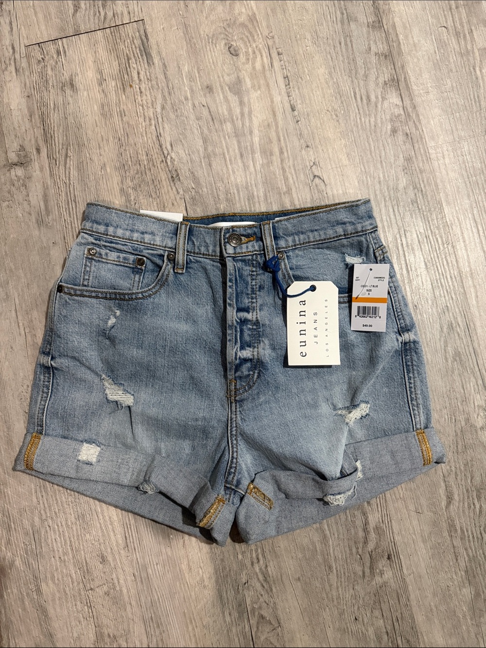 eunina Light Blue Distressed Rolled Cuff Denim Shorts